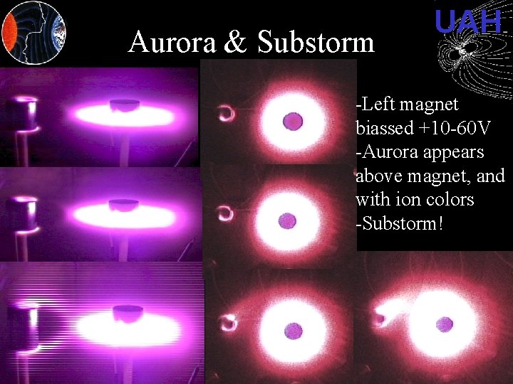 Aurora & Substorm UAH -Left magnet biassed +10 -60 V -Aurora appears above magnet,