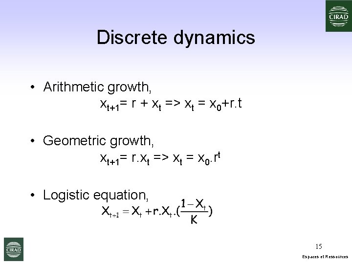 Discrete dynamics • Arithmetic growth, xt+1= r + xt => xt = x 0+r.