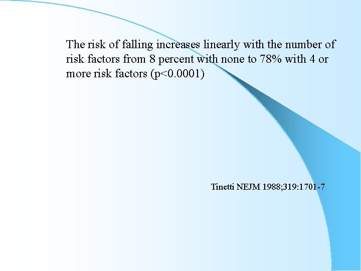 The risk of falling increases linearly with the number of risk factors from 8