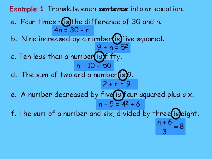 Example 1 Translate each sentence into an equation. a. Four times n is the