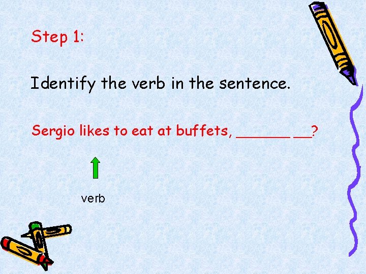 Step 1: Identify the verb in the sentence. Sergio likes to eat at buffets,
