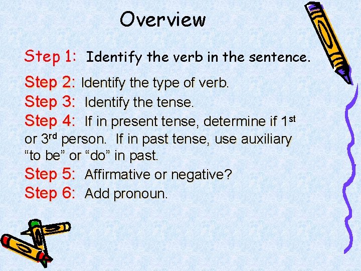 Overview Step 1: Identify the verb in the sentence. Step 2: Identify the type