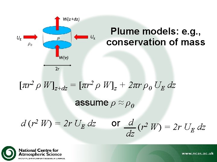 Plume models: e. g. , conservation of mass [πr 2 ρ W]z+dz = [πr