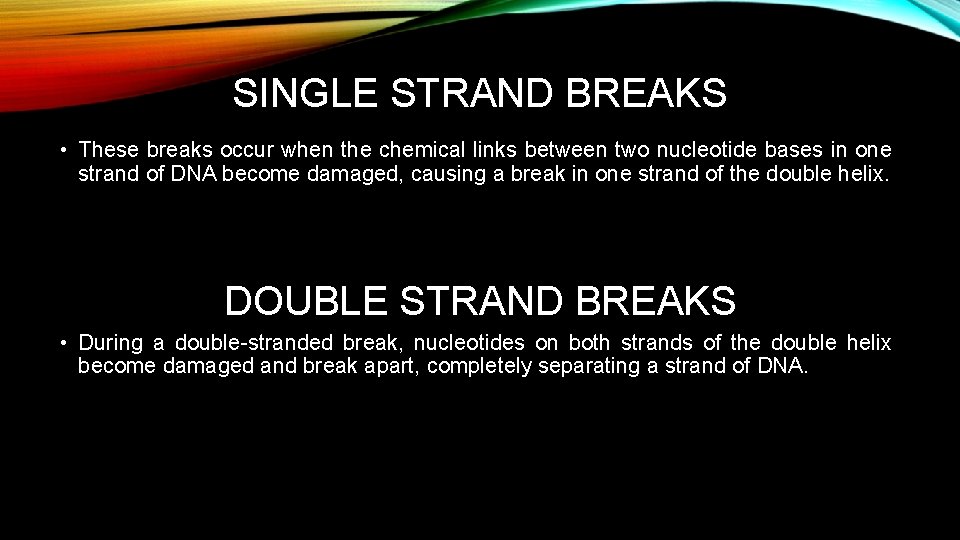 SINGLE STRAND BREAKS • These breaks occur when the chemical links between two nucleotide