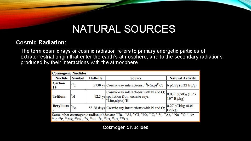NATURAL SOURCES Cosmic Radiation: The term cosmic rays or cosmic radiation refers to primary
