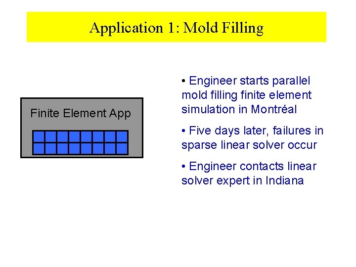 Application 1: Mold Filling Finite Element App • Engineer starts parallel mold filling finite