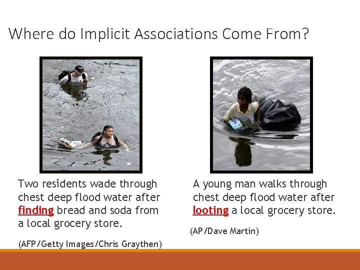 Where do Implicit Associations Come From? Two residents wade through chest deep flood water