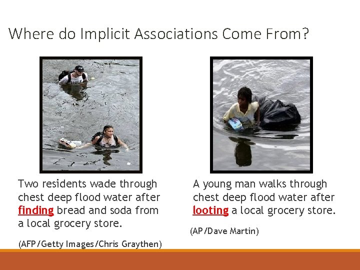 Where do Implicit Associations Come From? Two residents wade through chest deep flood water