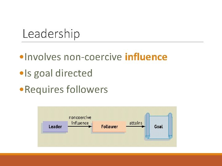 Leadership • Involves non-coercive influence • Is goal directed • Requires followers 