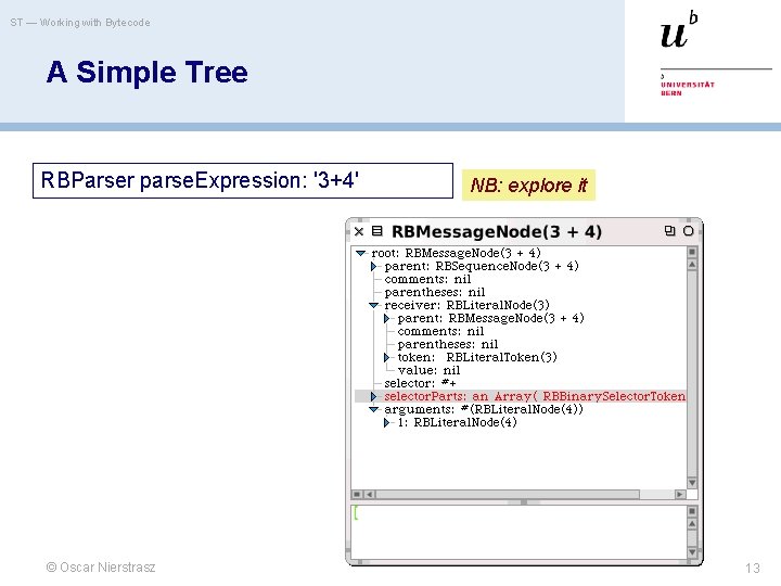 ST — Working with Bytecode A Simple Tree RBParser parse. Expression: '3+4' © Oscar