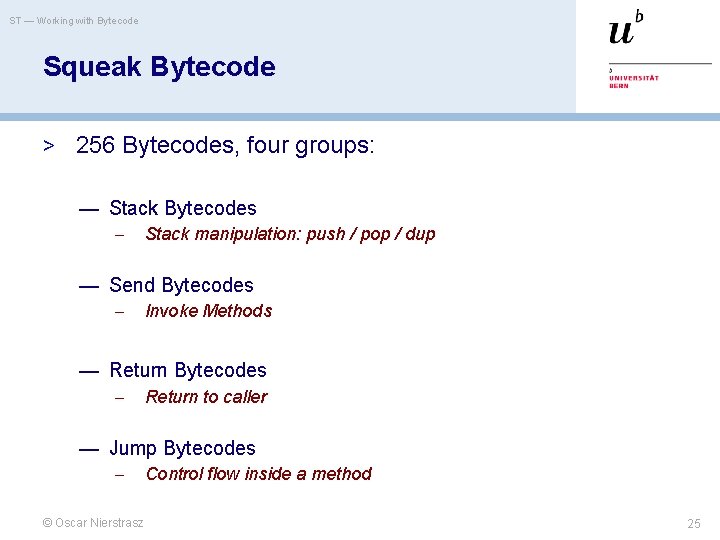 ST — Working with Bytecode Squeak Bytecode > 256 Bytecodes, four groups: — Stack