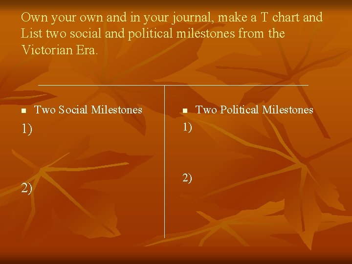 Own your own and in your journal, make a T chart and List two