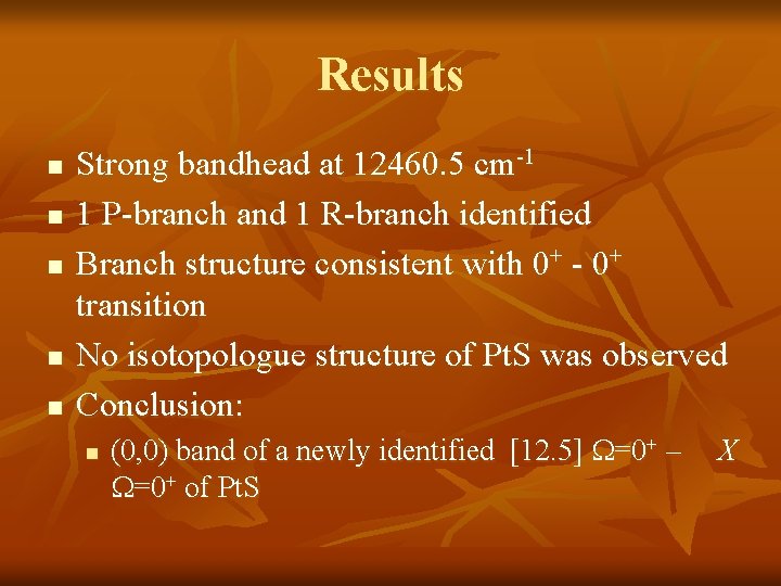 Results n n n Strong bandhead at 12460. 5 cm-1 1 P-branch and 1