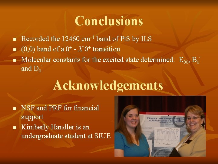 Conclusions n n n Recorded the 12460 cm-1 band of Pt. S by ILS