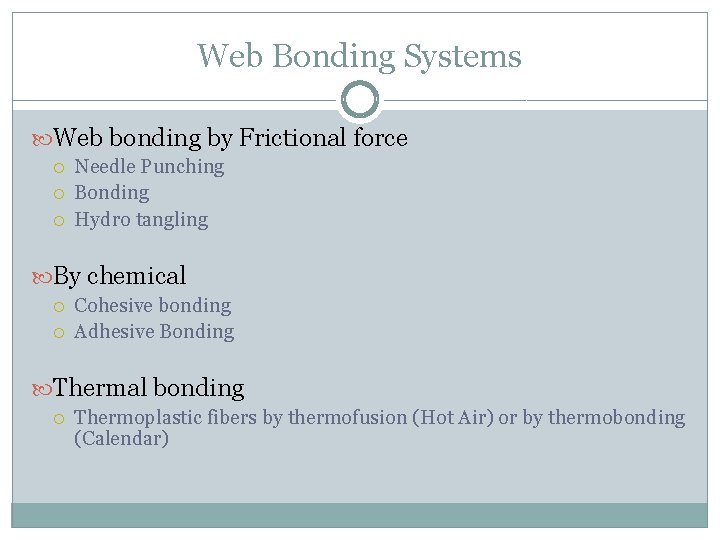 Web Bonding Systems Web bonding by Frictional force Needle Punching Bonding Hydro tangling By