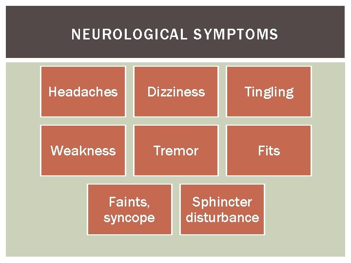 NEUROLOGICAL SYMPTOMS Headaches Dizziness Tingling Weakness Tremor Fits Faints, syncope Sphincter disturbance 