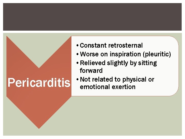 Pericarditis • Constant retrosternal • Worse on inspiration (pleuritic) • Relieved slightly by sitting