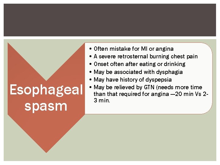 Esophageal spasm • Often mistake for MI or angina • A severe retrosternal burning