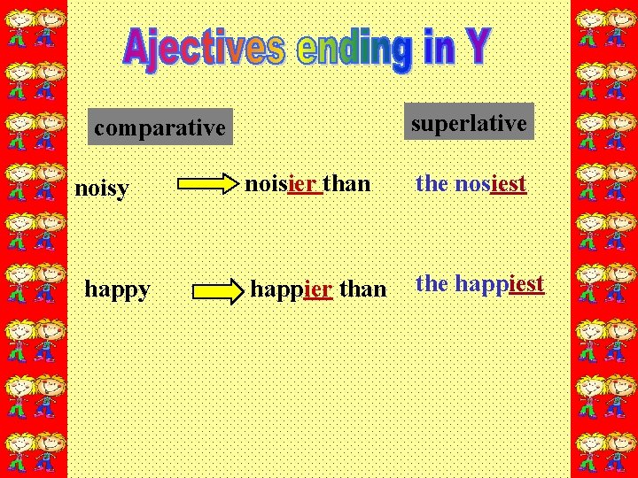 superlative comparative noisy happy noisier than the nosiest happier than the happiest 