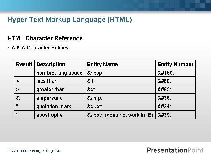 Hyper Text Markup Language (HTML) HTML Character Reference § A. K. A Character Entities
