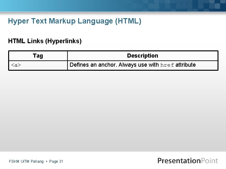 Hyper Text Markup Language (HTML) HTML Links (Hyperlinks) Tag <a> FSKM Ui. TM Pahang