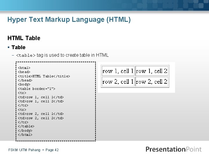 Hyper Text Markup Language (HTML) HTML Table § Table - <table> tag is used