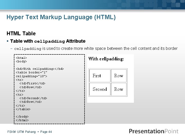 Hyper Text Markup Language (HTML) HTML Table § Table with cellpadding Attribute - cellpadding