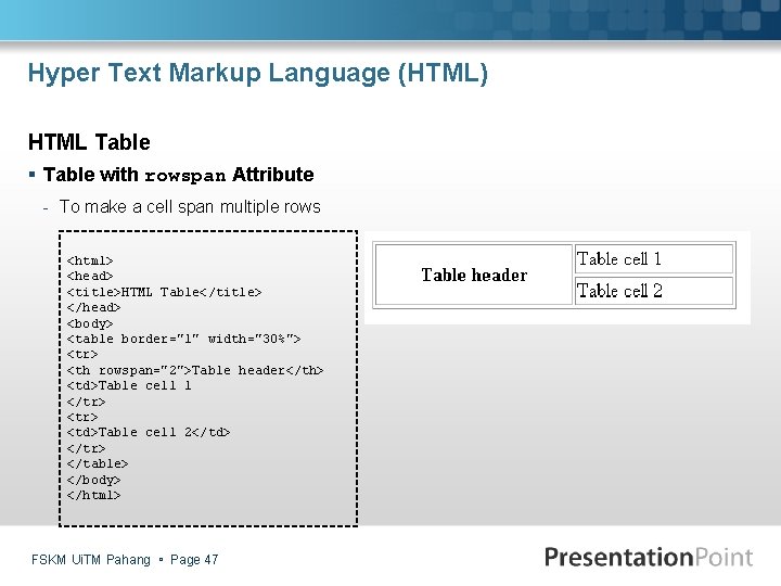 Hyper Text Markup Language (HTML) HTML Table § Table with rowspan Attribute - To
