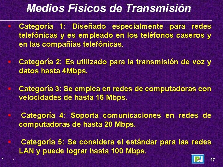 Medios Físicos de Transmisión • Categoría 1: Diseñado especialmente para redes telefónicas y es