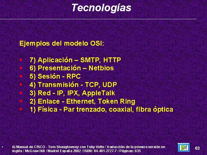 Tecnologías Ejemplos del modelo OSI: • 7) Aplicación – SMTP, HTTP 6) Presentación –