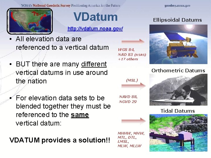 VDatum Ellipsoidal Datums http: //vdatum. noaa. gov/ • All elevation data are referenced to