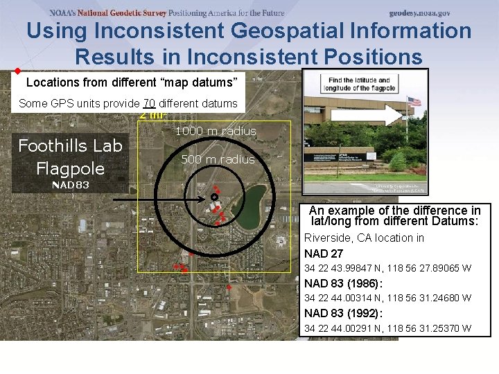 Using Inconsistent Geospatial Information Results in Inconsistent Positions Locations from different “map datums” Some
