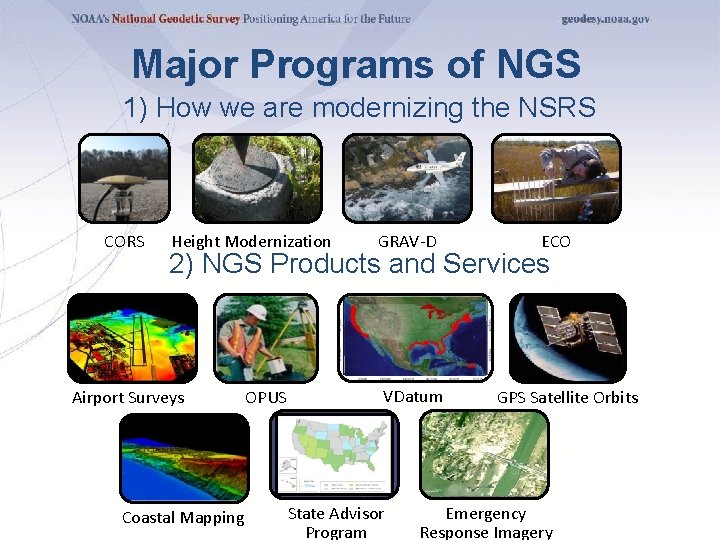 Major Programs of NGS 1) How we are modernizing the NSRS CORS Height Modernization