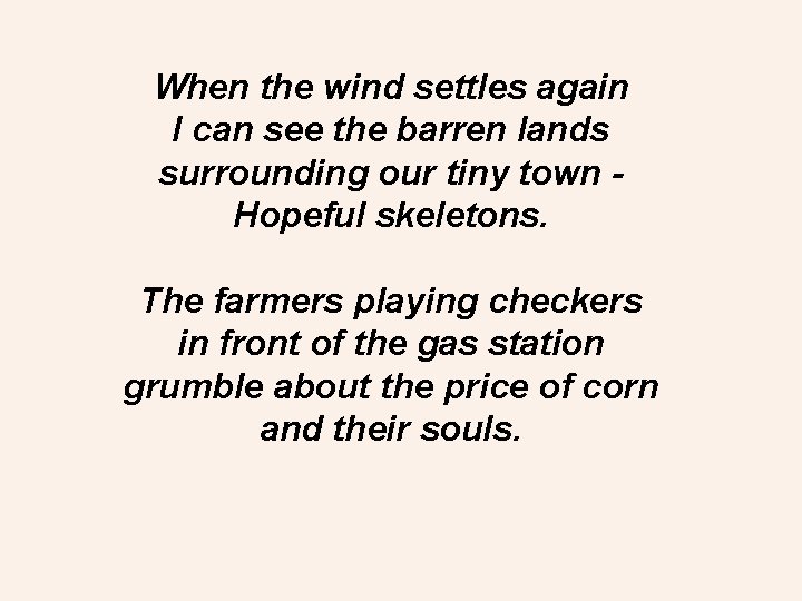 When the wind settles again I can see the barren lands surrounding our tiny