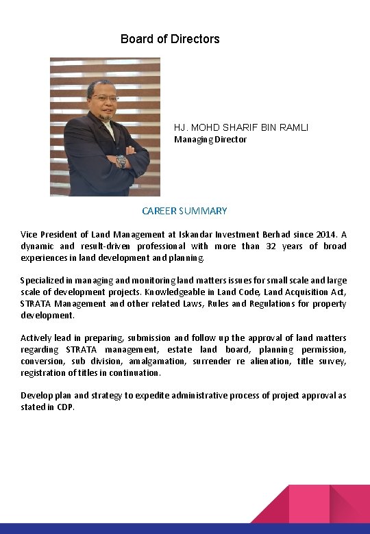 Board of Directors HJ. MOHD SHARIF BIN RAMLI Managing Director CAREER SUMMARY Vice President