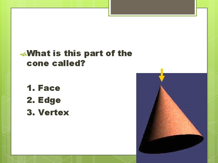 What is this part of the cone called? 1. Face 2. Edge 3. What is this part of the cone called? 1. Face 2. Edge 3.