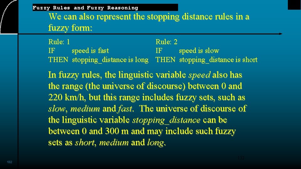 Fuzzy Rules and Fuzzy Reasoning We can also represent the stopping distance rules in