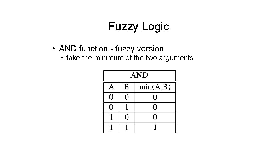 Fuzzy Logic • AND function - fuzzy version o take the minimum of the