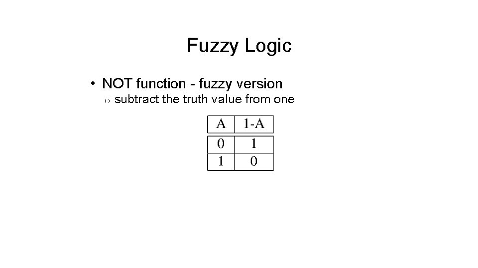 Fuzzy Logic • NOT function - fuzzy version o subtract the truth value from