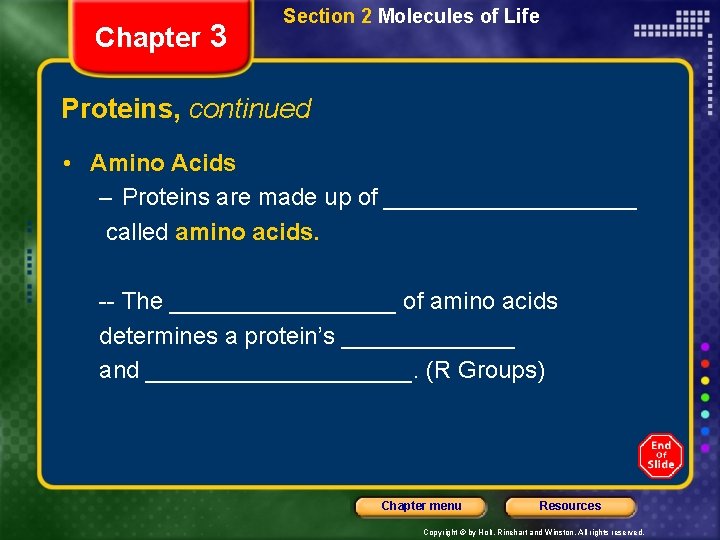 Chapter 3 Section 2 Molecules of Life Proteins, continued • Amino Acids – Proteins