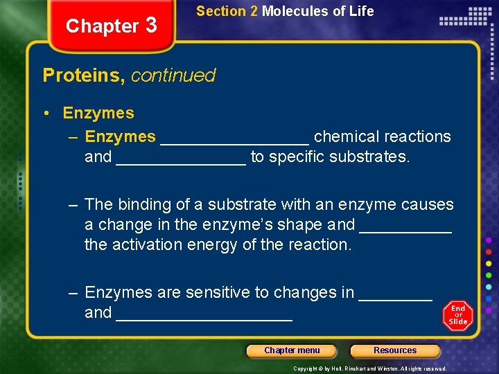 Chapter 3 Section 2 Molecules of Life Proteins, continued • Enzymes – Enzymes ________