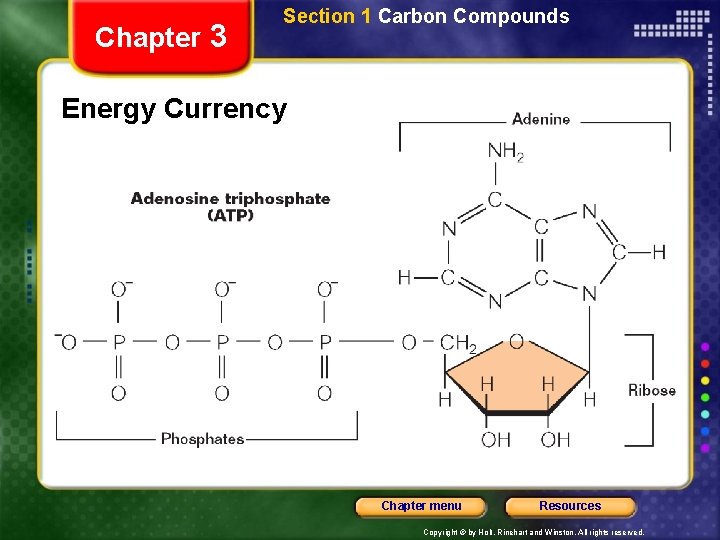 Chapter 3 Section 1 Carbon Compounds Energy Currency Chapter menu Resources Copyright © by