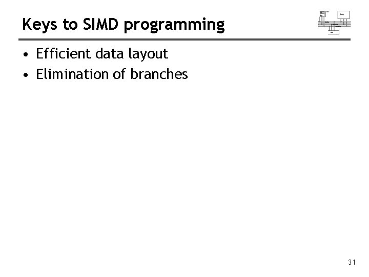 Keys to SIMD programming • Efficient data layout • Elimination of branches 31 