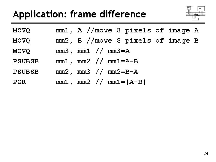 Application: frame difference MOVQ mm 1, A //move 8 pixels of image A MOVQ