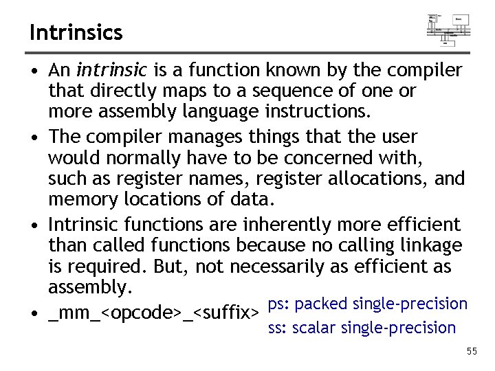 Intrinsics • An intrinsic is a function known by the compiler that directly maps