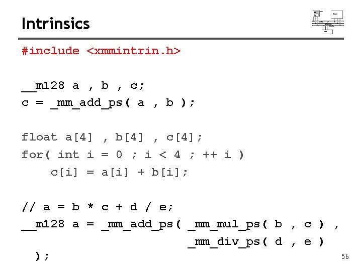 Intrinsics #include <xmmintrin. h> __m 128 a , b , c; c = _mm_add_ps(