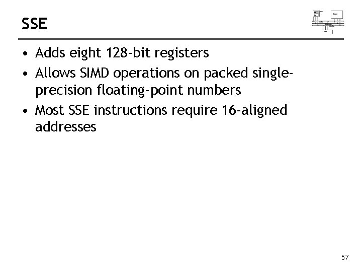 SSE • Adds eight 128 -bit registers • Allows SIMD operations on packed singleprecision