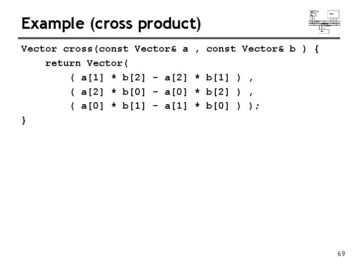 Example (cross product) Vector cross(const Vector& a , const Vector& b ) { return