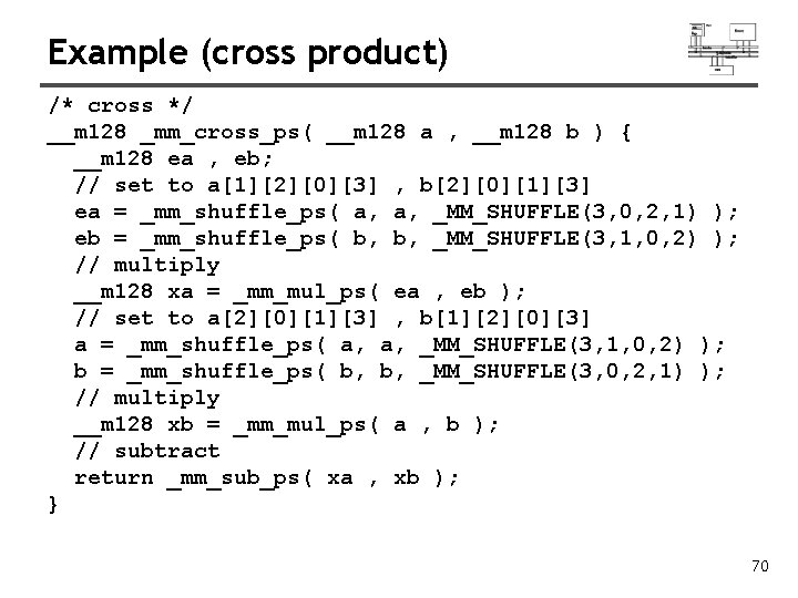 Example (cross product) /* cross */ __m 128 _mm_cross_ps( __m 128 a , __m