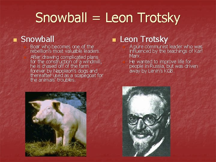 Snowball = Leon Trotsky n Snowball n n Boar who becomes one of the
